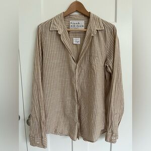 Frank & Eileen Barry Italian Cotton-Linen Stripe Button Down Shirt Large Tan